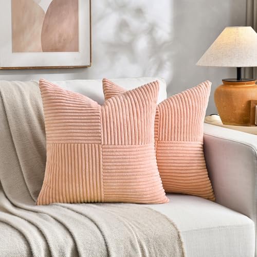 Fancy Homi 2 Packs Peach Samll Decorative Throw Pillow Covers 14x14 Inch with for Couch Bed Sofa, Rustic Farmhouse Boho Home Decor, Soft Corss Patchwork Corduroy Square Cushion Case 35x35 cm - Image 5