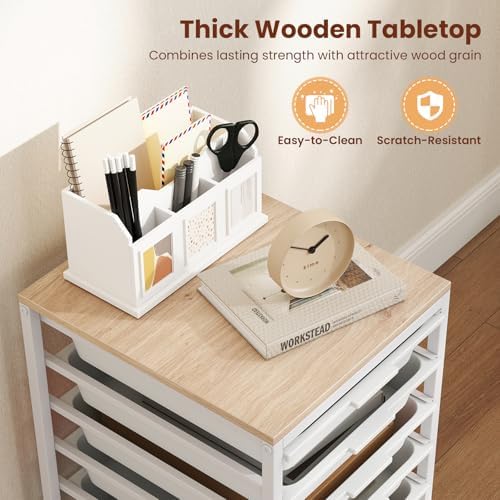 Giantex Rolling Storage Cart with 6 Drawers, Utility Cart w/Wooden Tabletop, Lockable Wheels, Multipurpose Organizer for Art Craft Books Paper, Drawer Carts for Dorm Classroom Office, White - Image 7