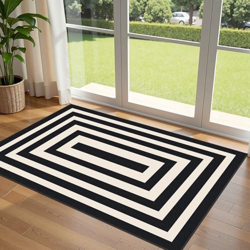 3x5 Modern Entry Rug - Small Washable Indoor Outdoor Mats for Front Door Non-Slip Porch Rug Black White Geometric Striped Throw Rugs for Living Room Bedroom Entryway Kitchen Office Porch Decor by Othilic
