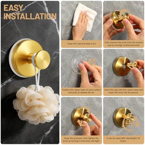 Suction Cup Hooks for Shower No-Drill Bathroom Hooks for Towels, Robes, Loofah Mountable on Bathroom Walls, Kitchen, Glass, Mirrors, Tile and Smooth,Non-Porous Surfaces (4, Brushed Gold) - Image 6