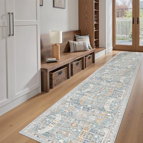 Madane Washable Runner Rugs 2x12 Long for Hallway Kitchen Soft, Blue/Gold - Image 7