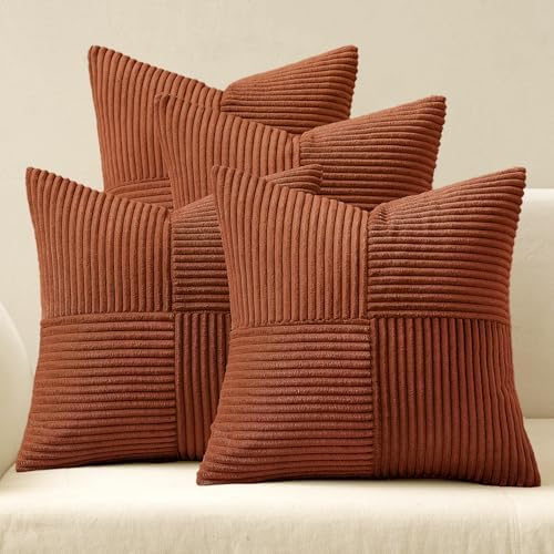 MIULEE Fall Boho Farmhouse Rust Decorative Throw Pillow Covers 20x20 Inch 4 Packs Soft Vintage Pillow Cases Modern Corduroy Patchwork Cushion Covers for Couch Sofa Bed Home Decor, Terracotta by MIULEE
