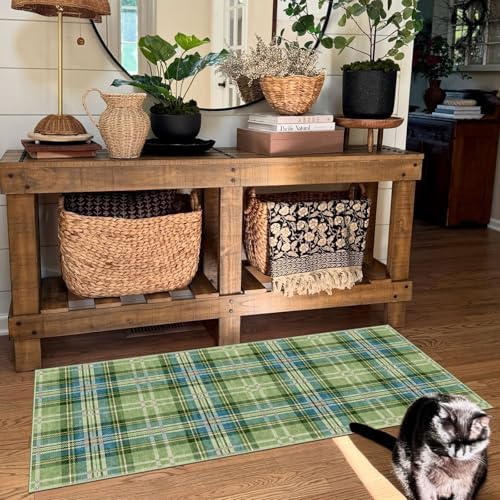 Front Door Mat Indoor Entrance - 2x4.3 Green Teal Tartan Plaid Rug - Image 7