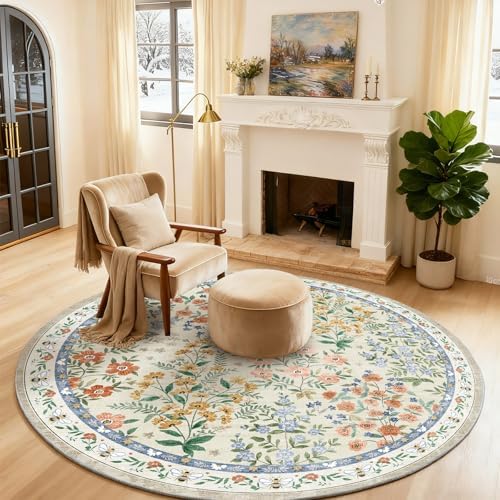 Washable Round Rugs for Bedroom 4ft: Living Room Rug Stain Resistant Non Slip Low Pile Ultra Soft Faux Wool Small Circle Rugs for Entryway Kitchen Bathroom Nursery Dorm Home Office Entrance Indoor by palohom