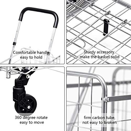 ARLIME Folding Shopping Cart, Double Basket Supermarket Cart with Adjustable Wide Cushion Handle Bar and Swivel Wheels, Suitable for Grocery Book Luggage Travel Laundry, Large Utility Carts (Silver) - Image 3