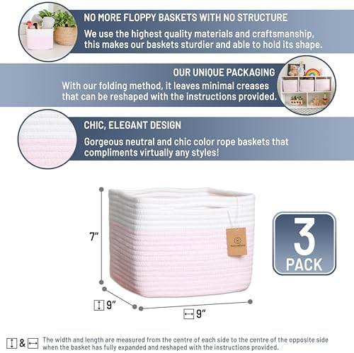 NaturalCozy Storage Cubes 9”x9”x7”Cotton Rope Woven Baskets for Organizing 3-Pack | 9 Inch Cube Storage Bin | Small Basket for Shelf Nursery, Pantry, Decorative Plant, Bathroom Closet, Toy Gift - Image 2