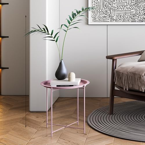 End Table Set of 2,Pink Outdoor Side Table, Small Patio Round Folding Metal Side Tables for Outdoor,Living Room,Bedroom Balcony and Office, 2 PCS - Image 6