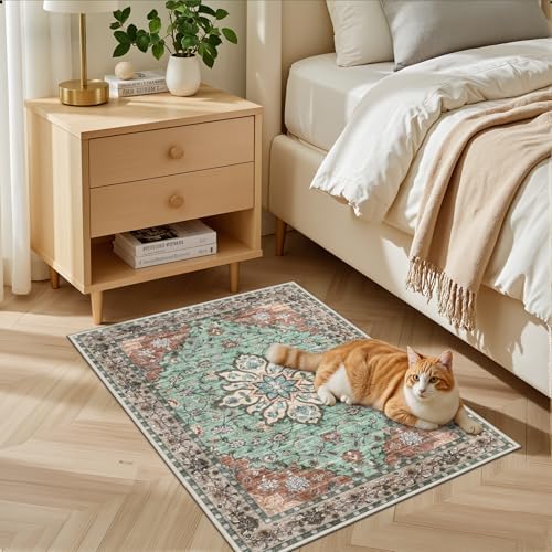 2x3 Area Rugs Living Room: Washable Rug for Bedroom Brown Green - Image 3