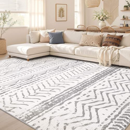 Nakagishi 5x8 Area Rug Living Room: Washable Boho Large Neutral Soft Rugs Farmhouse Stain Resistant Modern Indoor Non-Slip Carpet for Bedroom Nursery Kids Playroom Office Dining Room Dorm- Gray White by NakagishiAreaRug