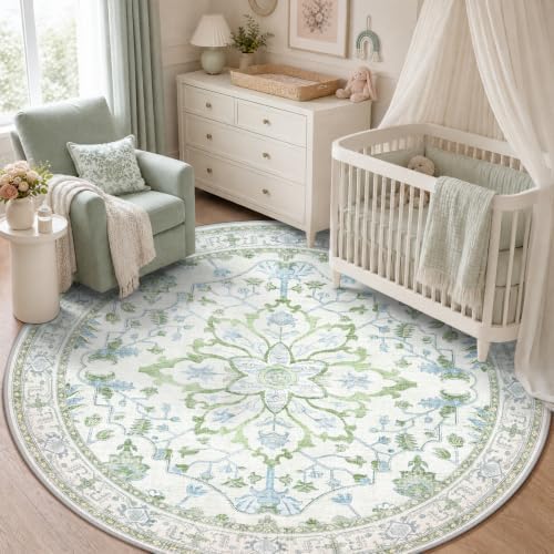 RELEANY Washable Area Rug, Round 5ft, Green/White/Blue by RELEANY