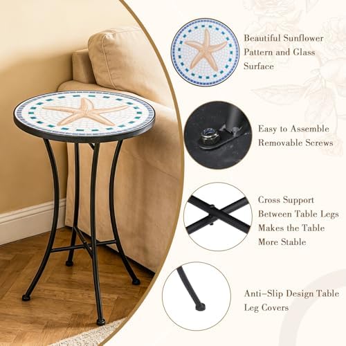 MUMTOP Mosaic Outdoor Side Table, 14" Round Patio Accent End Table,Starfish - Image 4