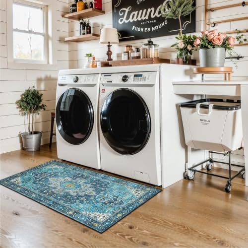 Moynesa 2x4 Teal Vintage Floral Medallion Runner Rug - Machine Washable, Non-Slip, Low Pile, Indoor Use Only - Image 7