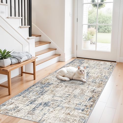 3x7 Washable Non-Slip Kitchen Runner Rug – Modern Abstract Neutral Carpet for Hallway, Entryway, Bedroom, Laundry Room – Low-Pile Thin Wide Floor Runner with Rubber Backing（Blue Brown） by ZHXXUJ