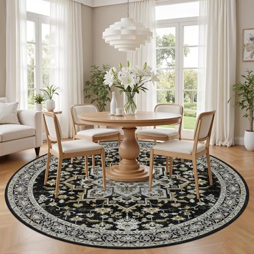 Round Area Rug for Living Room: 8ft Boho Washable Rug Black Gold - Image 3