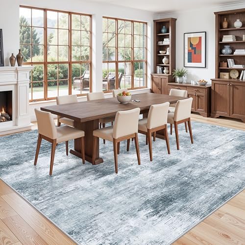 12x12ft Square Living Room Rug – Non-Slip Washable Extra Large Floor Carpet for Bedroom, Dining Room, Playroom Room – Modern Abstract Neutral Thin Low-Pile Big Indoor Rug (Misty Blue Gray) - Image 4