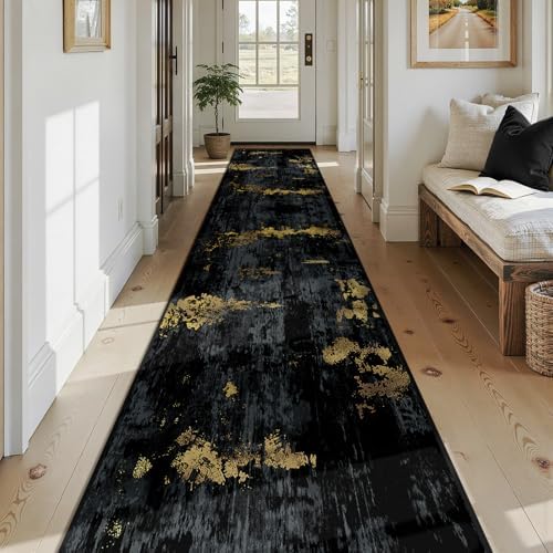 RELEANY Washable Runner 2'6"x14' Abstract Area Rug for Hallway Black Gold - Image 2