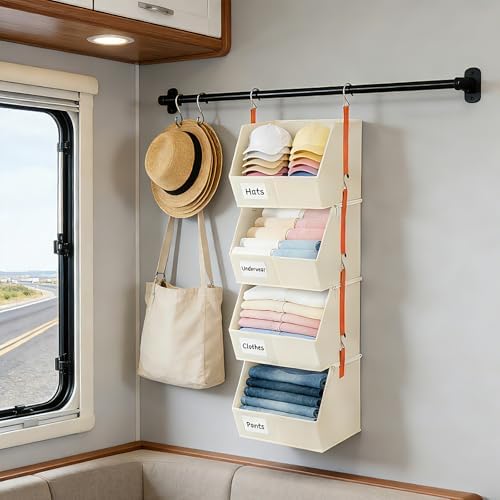 4 Pcs Modular Closet Organizer - Detachable & Foldable Hanging Storage Cubes, 88L Total Capacity, Heavy Duty Fabric Shelves for Wardrobe, Closet Organization, RV, Dorm, Beige - Image 2