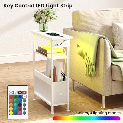 Narrow White Side Table with Charging Station and LED Light, End Table - Image 6