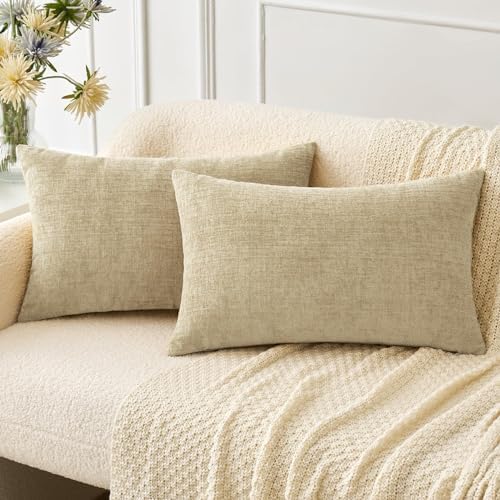 MIULEE Soft Chenille Lumbar Throw Pillow Covers Beige 12x20 Inch Pack of 2 by MIULEE