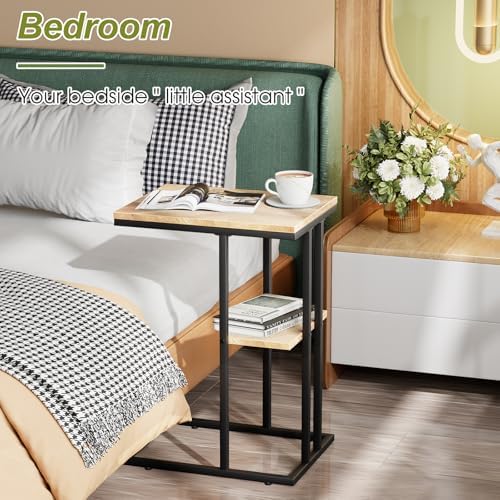 C Shaped End Table, Small Side Table for Couch and Bed, Wood Snack Table with Metal Frame for TV Tray, Sofa, Living Room, Bedroom, Bedside (Oak) - Image 4