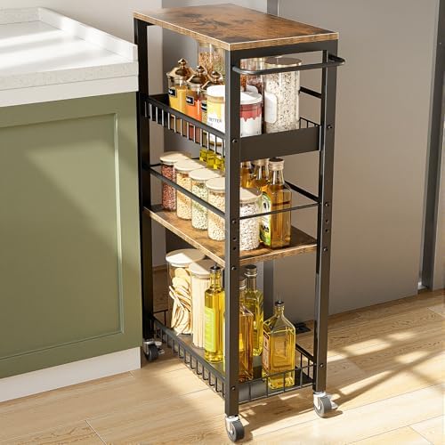 Slim Rolling Storage Cart, 4 Tier Narrow Storage Cart, 9.1in(W) by Kssiaz