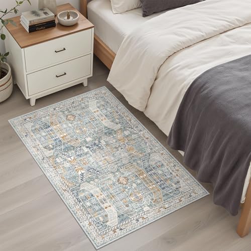 Madane Washable Area Rug 2x3 Small Entryway Rugs Non-Slip, Blue/Gold - Image 3