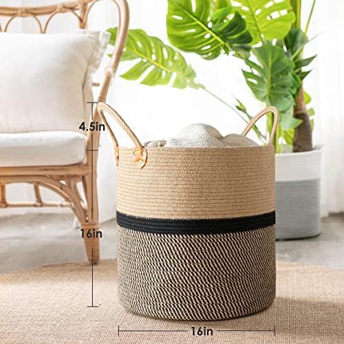 CHICVITA Large Wicker Storage Basket with Leather Handles, 16" x 16", Black - Image 5