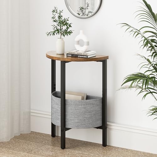 Vagusicc Small Round Side Table, Accent End Table with Storage Basket, Set of 2 Half Round Coffee Table End Table, Half Moon Bedside Table, Modern Nightstand Couch Table for Living Room Bedroom, Brown - Image 2