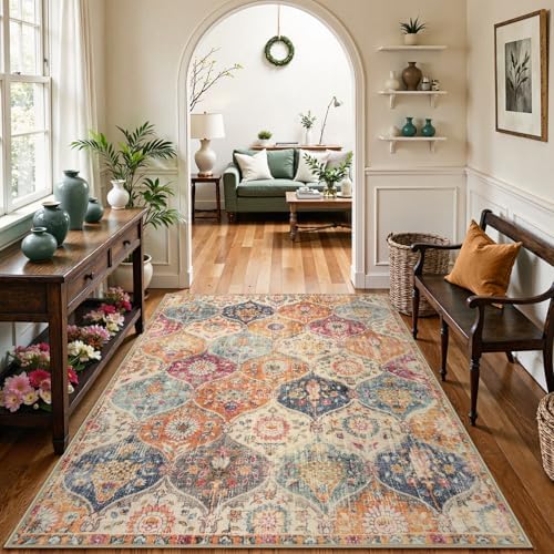 Lahome Moroccan Machine Washable Rugs for Living Room, 4x6 Rug for Bedroom Non-Slip Vintage Trellis Ultra-Thin Throw Carpet for Dining Room Office Nursery Elise, Cream/Multi - Image 5