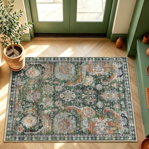 RUGSURE Washable Area Rugs - Perfect for Living Room, Bedroom, Kids Room, Nursery - Stain & Water Resistant Non-Slip, Pet & Child Friendly, Vintage Tribal Area Rugs (Green, 3' x 5 ') - Image 2