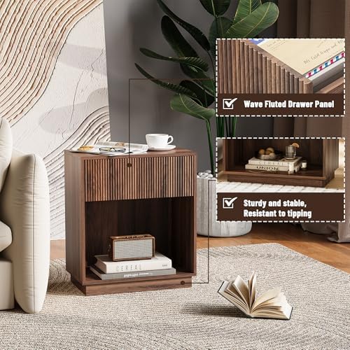 Fluted Nightstands Set of 2, Modern Bedside Table with Storage Drawer and Open Wood Shelf, Wood End Table Mid Century Night Stands for Bedroom Living Room Sofa Couch Office Walnut Brown - Image 4