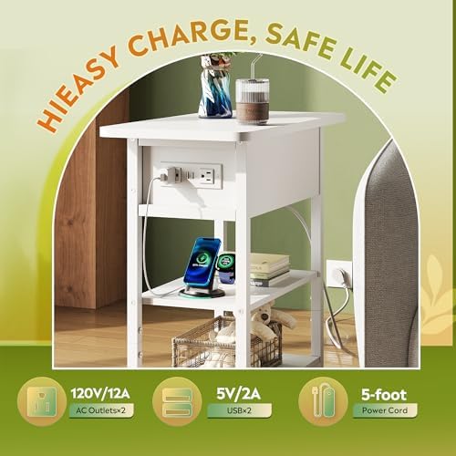 WLIVE 3-Tier End Table with Charging Station Flip Top Narrow Nightstand - Image 5
