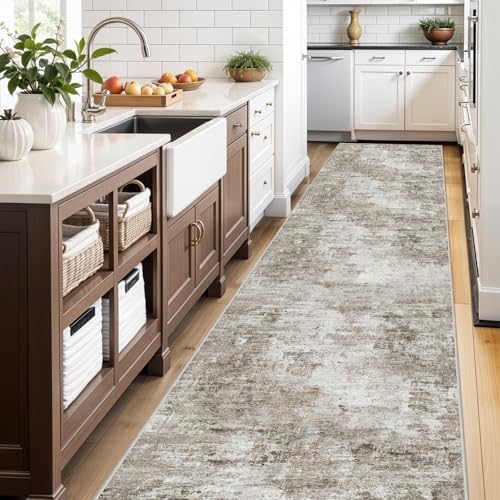 3x20 Extra Long Hallway Runner Rug – Non-Slip Washable Stain-Resistant 20 Ft Carpet for Kitchen & Entryway, Low-Pile Thin Modern Abstract Wide Floor Runner with Rubber Backing (Beige Grey) - Image 2