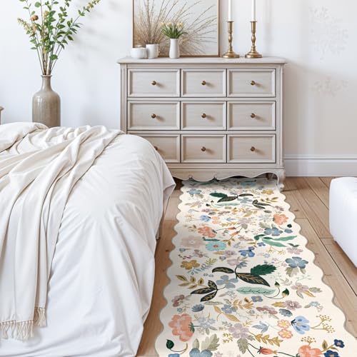 2x10 Washable Hallway Runner Rug: Long Floral Scalloped Soft Runners for Kitchen Entry Thin Non Slip Bathroom Nursery Floor Mat Water Resistant Low Pile 10ft Carpet for Living Room Bedroom(2x10,Cream) - Image 3