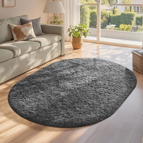Ophanie 3x5 Oval Rug, Bedside Preppy Dorm Area Rug, College Essentials Non Slip Grey Small Carpets for Bedroom, Anti Slip Fluffy Gray Living Room Rugs Decor, Nursery with Over 99 pcs Pile fibers by Ophanie