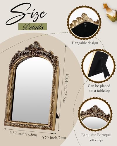 Wonderjune 3 Pcs Vintage Gold Mirror Set Wall Decorative, 8-15in Vintage Wall Mirror Hanging Antique Hanging with Stand for Living Room Home Wedding Decor(Classic Style, 13in/12in/10in) - Image 3