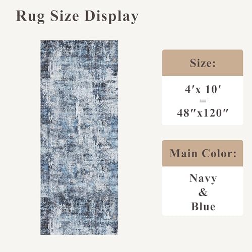 4x10 ft Extra Wide Hallway Rug – Non-Slip Washable Rubber-Backed Large Carpet Runner for Kitchen, Entryway | Modern Abstract, Low-Pile Thin Floor Mat for Bedroom Living Room Dining Room（Navy Blue） - Image 2