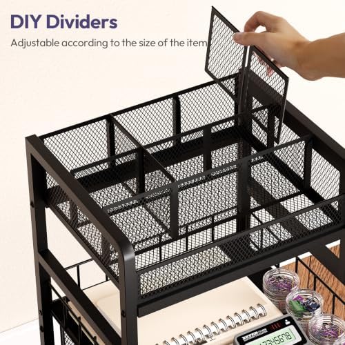 SWTYMIKI Rolling Cart with Drawers - Metal Craft Cart with Wheels, DIY Divider and Wood Shelf, Art Supply Organizer for Under Desk Storage, Utility Storage Cart for Home Office Studio, Black - Image 6