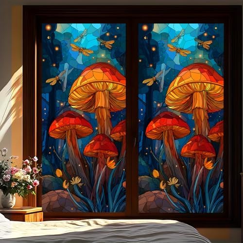 Decorative Scenic Frosted Window Film, Stained Glass Style Privacy Film, UV-Resistant Static Cling Film Suitable for Bathroom and Kitchen Glass (Mushroom, 17.51x39.37 inches) by KKYEJLQYI
