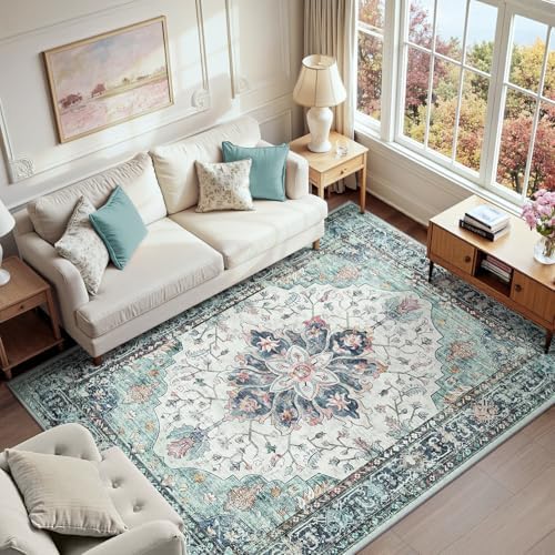 RELEANY Washable Area Rug, 6'x9', Teal Green/White/Navy by RELEANY