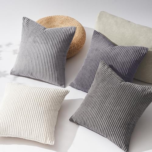 Topfinel 55x55cm Gray Set of 4 Corduroy Pillow Covers Cushion Cover Decorative Cushion Cover Sofa Cushion Deco for Sofa Bedroom Living Room Balcony Children Gradient - Image 3
