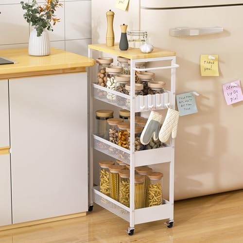 Vincona 9.1" Wide Slim Rolling Utility Cart, 4 Tier Metal Narrow Storage Cart with Handle and Wood Top, Multifunctional Small Mobile Shelf Unit Organizer Trolley for Laundry, Bathroom, Kitchen by Vincona