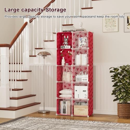 C&AHOME Clover Embossed 10-Cube Storage Organizer with Door Cube Shelf Red - Image 2