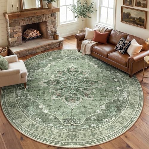 RELEANY Washable Area Rug, Round 8ft, Green/Dark Green/Gray by RELEANY