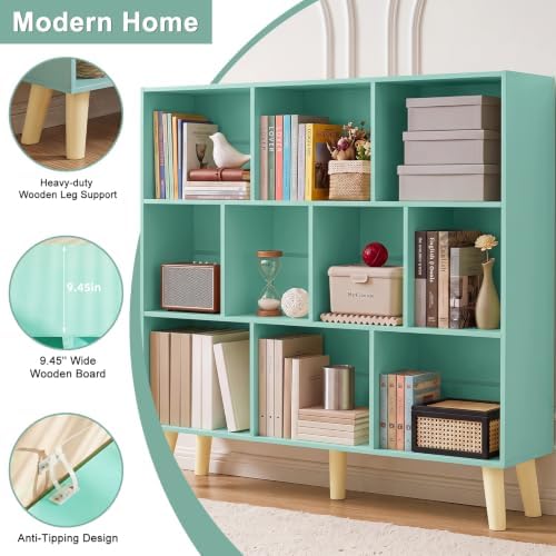 YAHARBO 10 Cube Bookshelf,3 Tier Bookcase with Legs,Green Mid-Century Modern Bookshelves,Large Free Standing Open Storage Organizer Shelf,Tall Wooden Book Case Furniture for Bedroom,Living Room,Office - Image 5