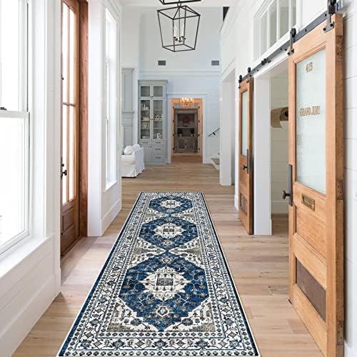 Hallway Washable Runner Rug - 2x7 Kitchen Rugs Entryway Rug Runner Vintage Soft Floor Mat Non Slip Indoor Farmhouse Carpet for Bathroom Living Room Bedroom (2 X 7, Blue) by HYHAOYUNLAI