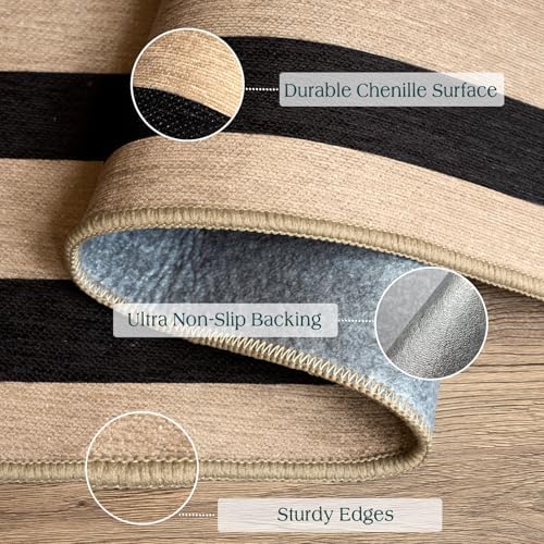 Black Tan Striped Entry Rug - 3x5 Non-Slip Indoor Outdoor Rugs - Image 2
