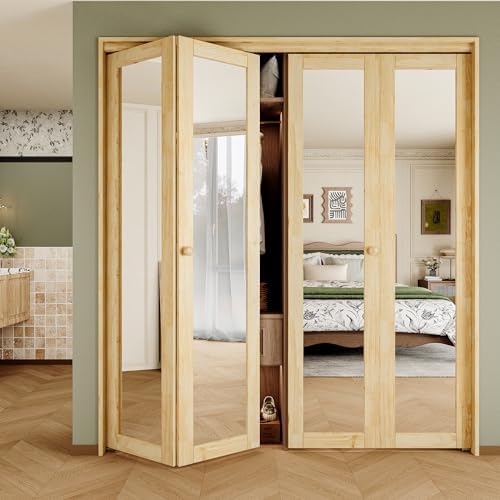 Bifold Doors for 72" x 80" Opening, Mirror Interior Folding Closet, Pine - Image 2