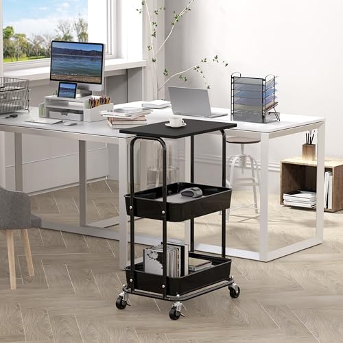 Simple Houseware 2-Tier Rolling Utility Cart Wood Top/Lockable Wheel, Black - Image 2