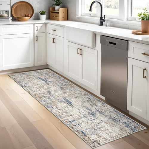 2x5 Non-Slip Washable Runner Rug – Modern Neutral Abstract Small Rug for Hallway, Kitchen, Bathroom, Bedroom, Entryway, Laundry Room – Thin Soft Low-Pile Rubber Backing（Blue Brown） by ZHXXUJ